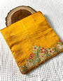 Blissful Mustard Embroidery Work Tussar Silk Saree With Preferable Blouse Piece