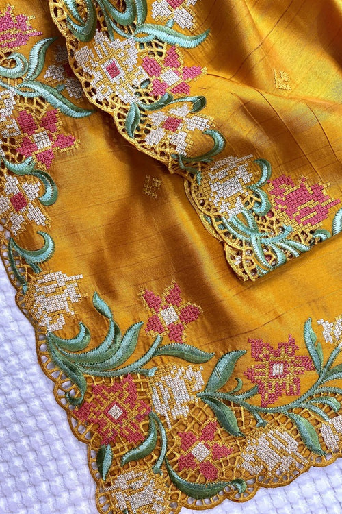 Load image into Gallery viewer, Blissful Mustard Embroidery Work Tussar Silk Saree With Preferable Blouse Piece
