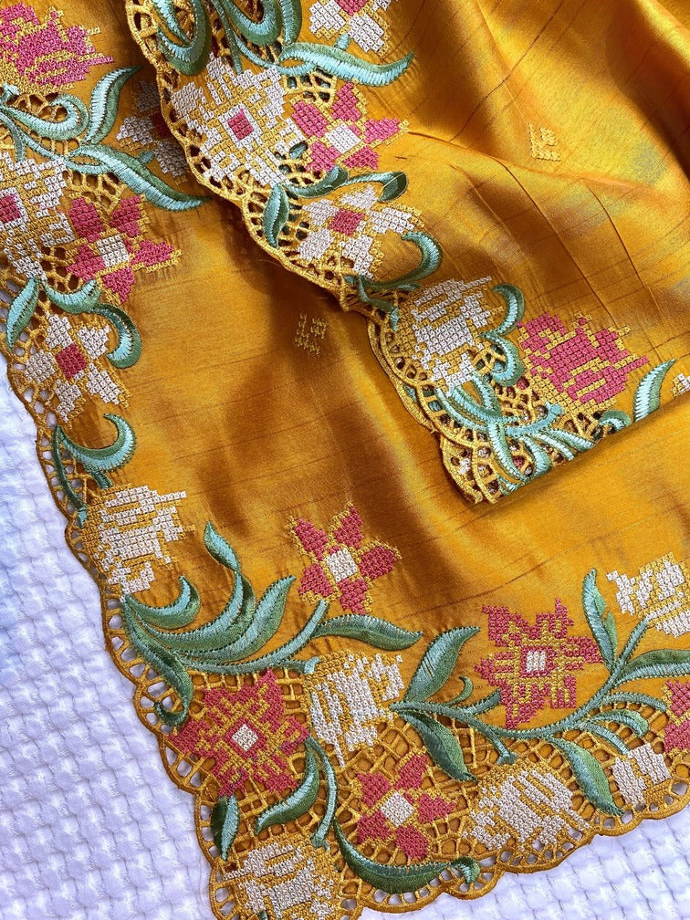 Blissful Mustard Embroidery Work Tussar Silk Saree With Preferable Blouse Piece