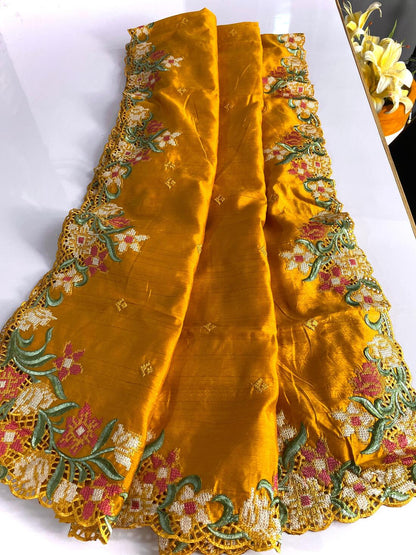 Blissful Mustard Embroidery Work Tussar Silk Saree With Preferable Blouse Piece