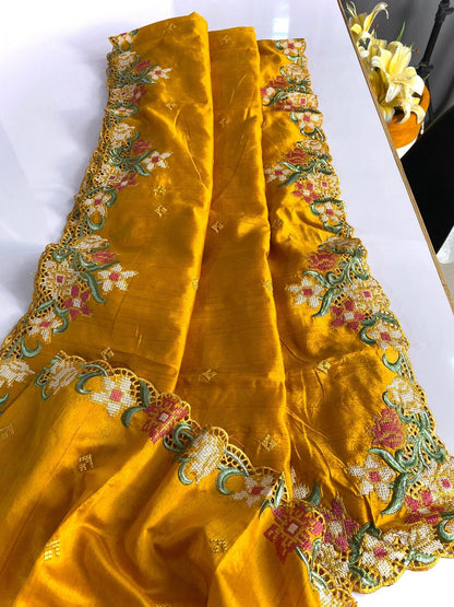 Blissful Mustard Embroidery Work Tussar Silk Saree With Preferable Blouse Piece