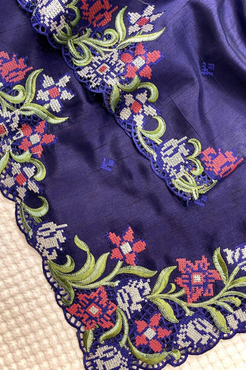 Load image into Gallery viewer, Fancifull Navy Blue Embroidery Work Tussar Silk Saree With Stunner Blouse Piece
