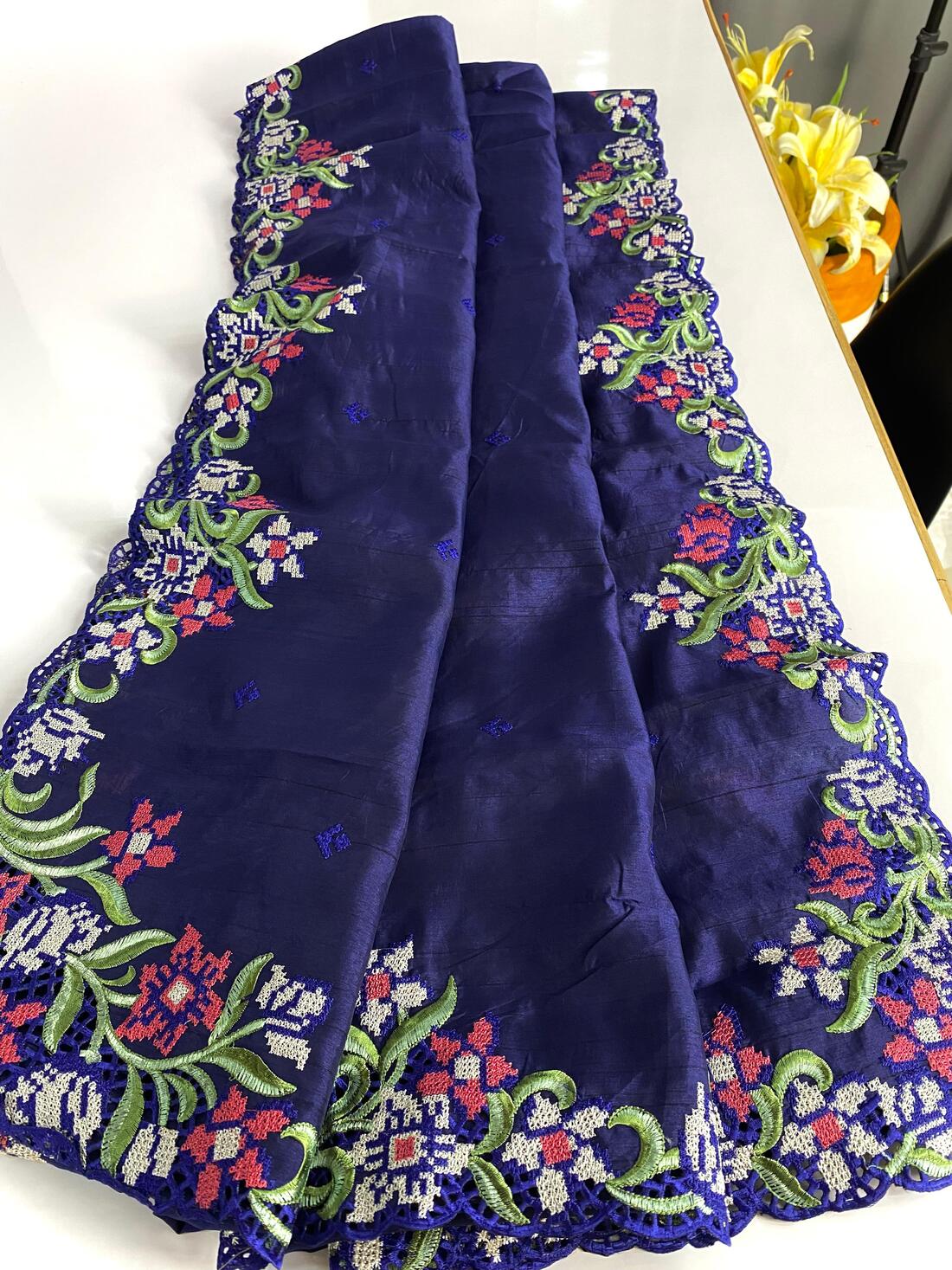 Fancifull Navy Blue Embroidery Work Tussar Silk Saree With Stunner Blouse Piece