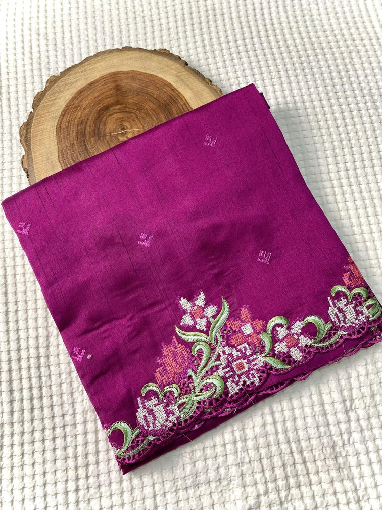 Ideal Purple Embroidery Work Tussar Silk Saree With Comely Blouse Piece