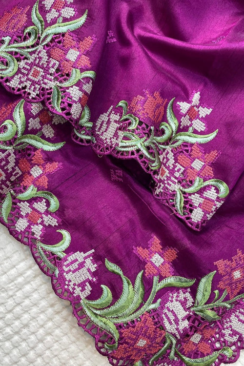 Load image into Gallery viewer, Ideal Purple Embroidery Work Tussar Silk Saree With Comely Blouse Piece
