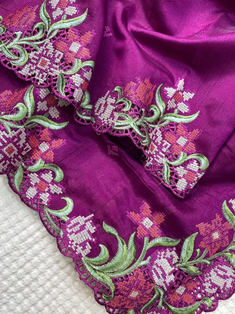 Ideal Purple Embroidery Work Tussar Silk Saree With Comely Blouse Piece