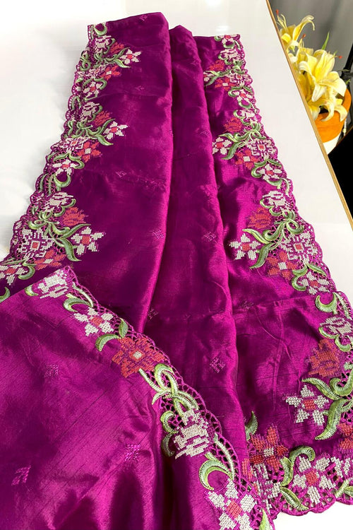 Load image into Gallery viewer, Ideal Purple Embroidery Work Tussar Silk Saree With Comely Blouse Piece
