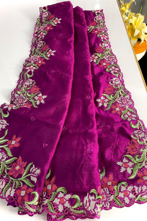 Load image into Gallery viewer, Ideal Purple Embroidery Work Tussar Silk Saree With Comely Blouse Piece
