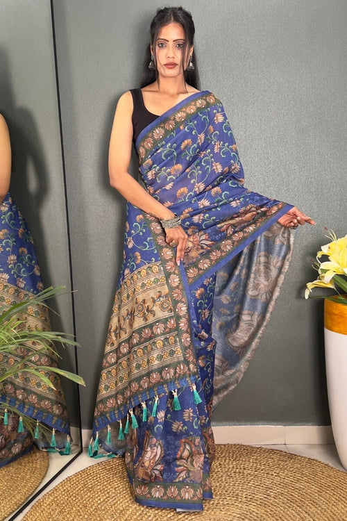 Load image into Gallery viewer, Pretty Blue Kalamkari Printed Saree With Lovely Blouse Piece
