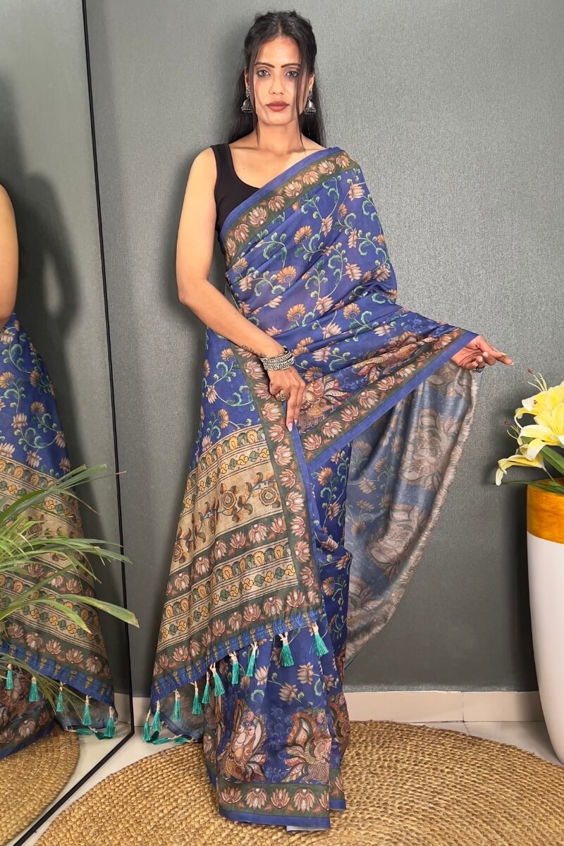 Pretty Blue Kalamkari Printed Saree With Lovely Blouse Piece