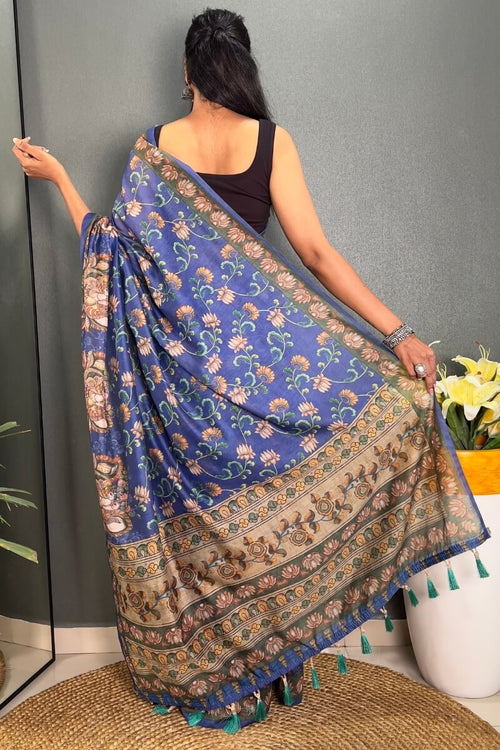 Load image into Gallery viewer, Pretty Blue Kalamkari Printed Saree With Lovely Blouse Piece
