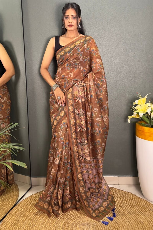 Load image into Gallery viewer, Sizzling Brown Kalamkari Printed Saree With Charming Blouse Piece
