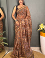 Sizzling Brown Kalamkari Printed Saree With Charming Blouse Piece