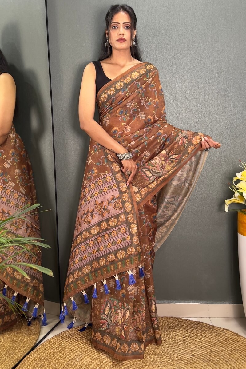 Sizzling Brown Kalamkari Printed Saree With Charming Blouse Piece