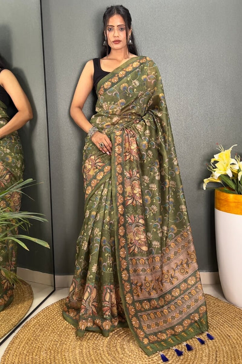 Load image into Gallery viewer, Captivating Green Kalamkari Printed Saree With Prominent Blouse Piece
