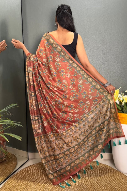 Load image into Gallery viewer, Desirable Orange Kalamkari Printed Saree With Stunner Blouse Piece
