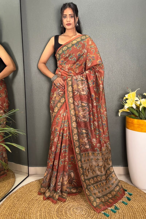 Load image into Gallery viewer, Desirable Orange Kalamkari Printed Saree With Stunner Blouse Piece
