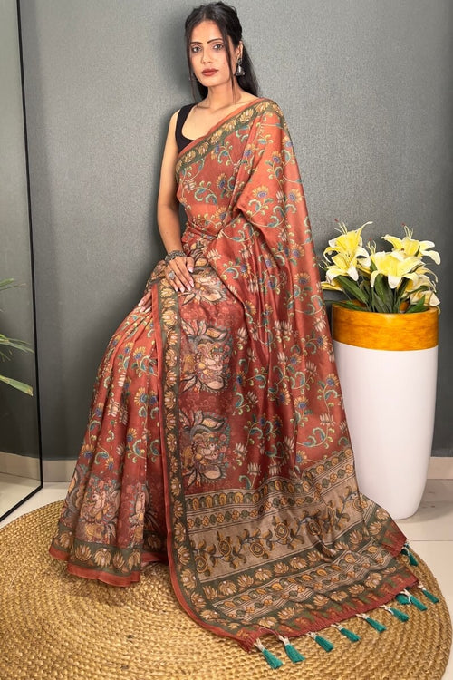 Load image into Gallery viewer, Desirable Orange Kalamkari Printed Saree With Stunner Blouse Piece
