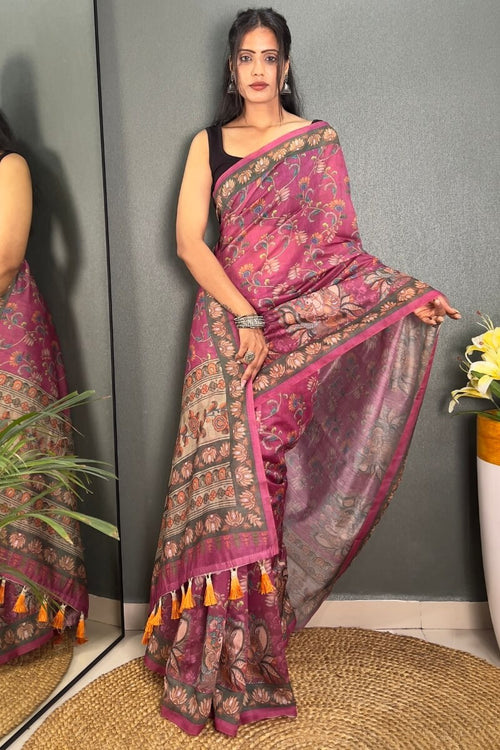 Load image into Gallery viewer, Admirable Pink Kalamkari Printed Saree With Dalliance Blouse Piece
