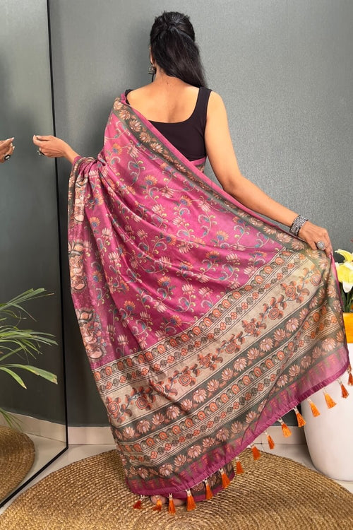 Load image into Gallery viewer, Admirable Pink Kalamkari Printed Saree With Dalliance Blouse Piece
