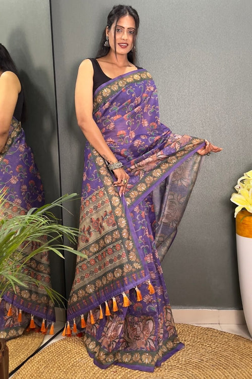 Load image into Gallery viewer, Evocative Purple Kalamkari Printed Saree With Lagniappe Blouse Piece
