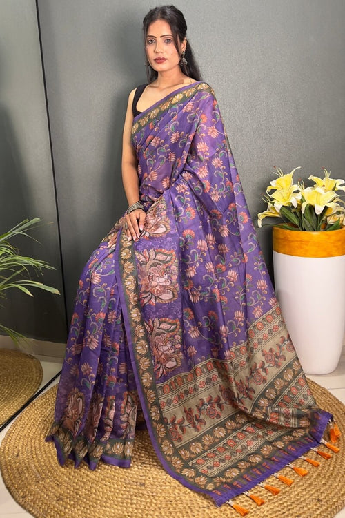 Load image into Gallery viewer, Evocative Purple Kalamkari Printed Saree With Lagniappe Blouse Piece
