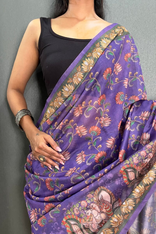 Load image into Gallery viewer, Evocative Purple Kalamkari Printed Saree With Lagniappe Blouse Piece
