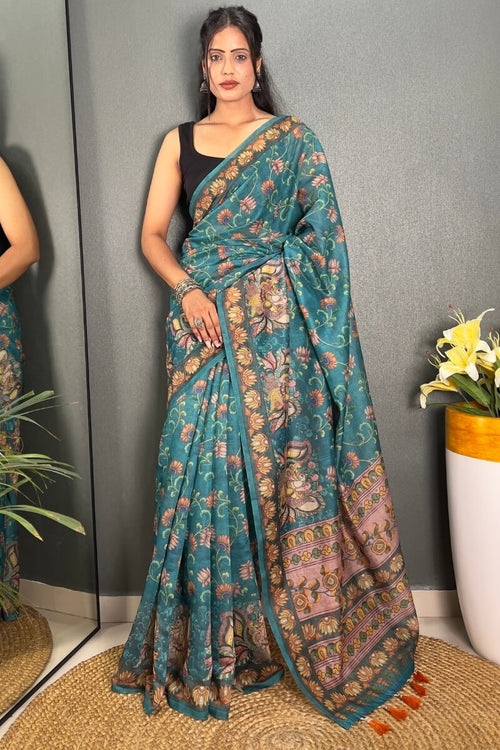 Load image into Gallery viewer, Redolent Rama Kalamkari Printed Saree With Denouement Blouse Piece
