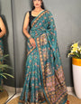 Redolent Rama Kalamkari Printed Saree With Denouement Blouse Piece