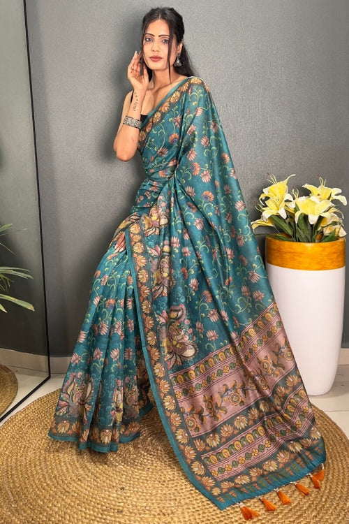 Load image into Gallery viewer, Redolent Rama Kalamkari Printed Saree With Denouement Blouse Piece
