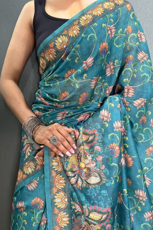 Load image into Gallery viewer, Redolent Rama Kalamkari Printed Saree With Denouement Blouse Piece
