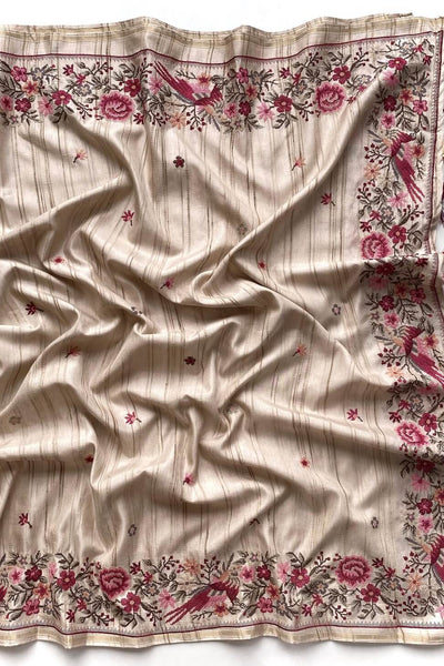 Angelic Beige Embroidery Work Tussar Silk Saree With Traditional Blouse Piece