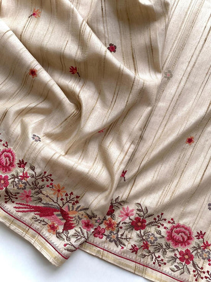 Angelic Beige Embroidery Work Tussar Silk Saree With Traditional Blouse Piece