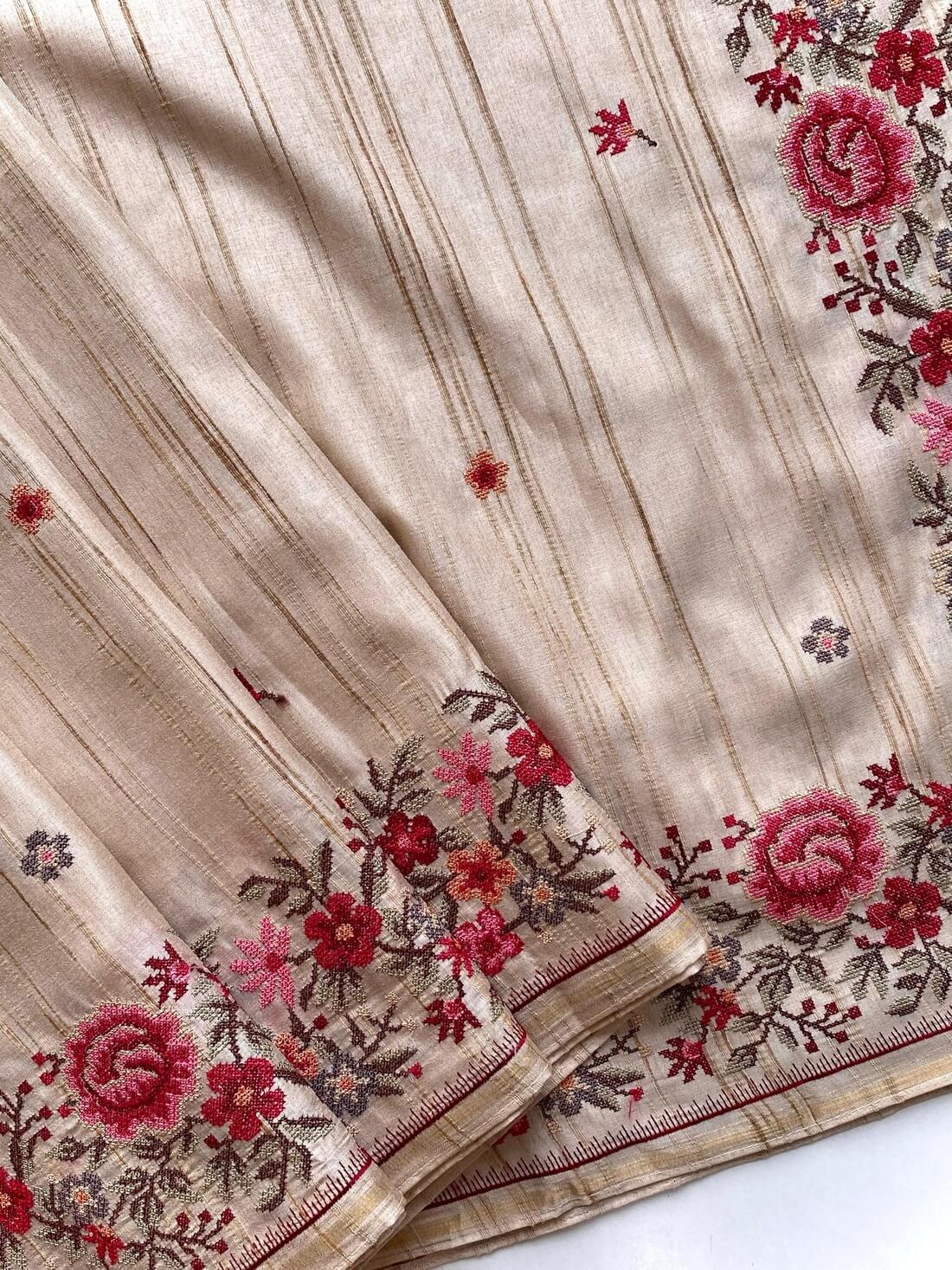 Angelic Beige Embroidery Work Tussar Silk Saree With Traditional Blouse Piece