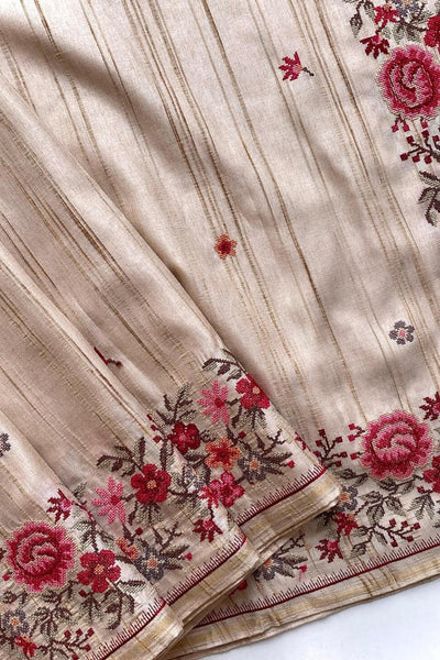 Angelic Beige Embroidery Work Tussar Silk Saree With Traditional Blouse Piece