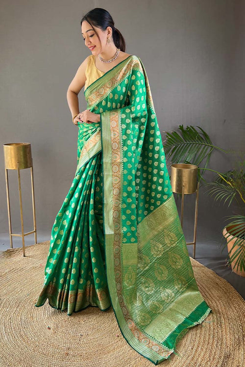 Load image into Gallery viewer, Gleaming Green Soft Banarasi Silk Saree With Chatoyant Blouse Piece
