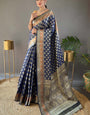 Flaunt Navy Blue Soft Banarasi Silk Saree With Eloquence Blouse Piece