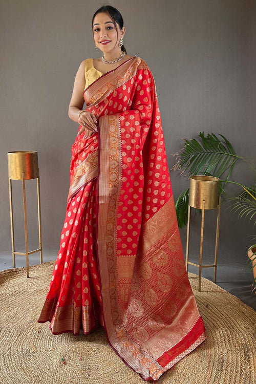 Load image into Gallery viewer, Gorgeous Red Soft Banarasi Silk Saree With Woebegone Blouse Piece
