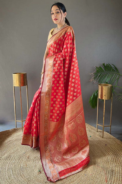 Load image into Gallery viewer, Gorgeous Red Soft Banarasi Silk Saree With Woebegone Blouse Piece
