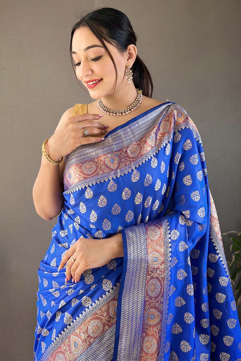 Alluring Royal Blue Soft Banarasi Silk Saree With Amiable Blouse Piece