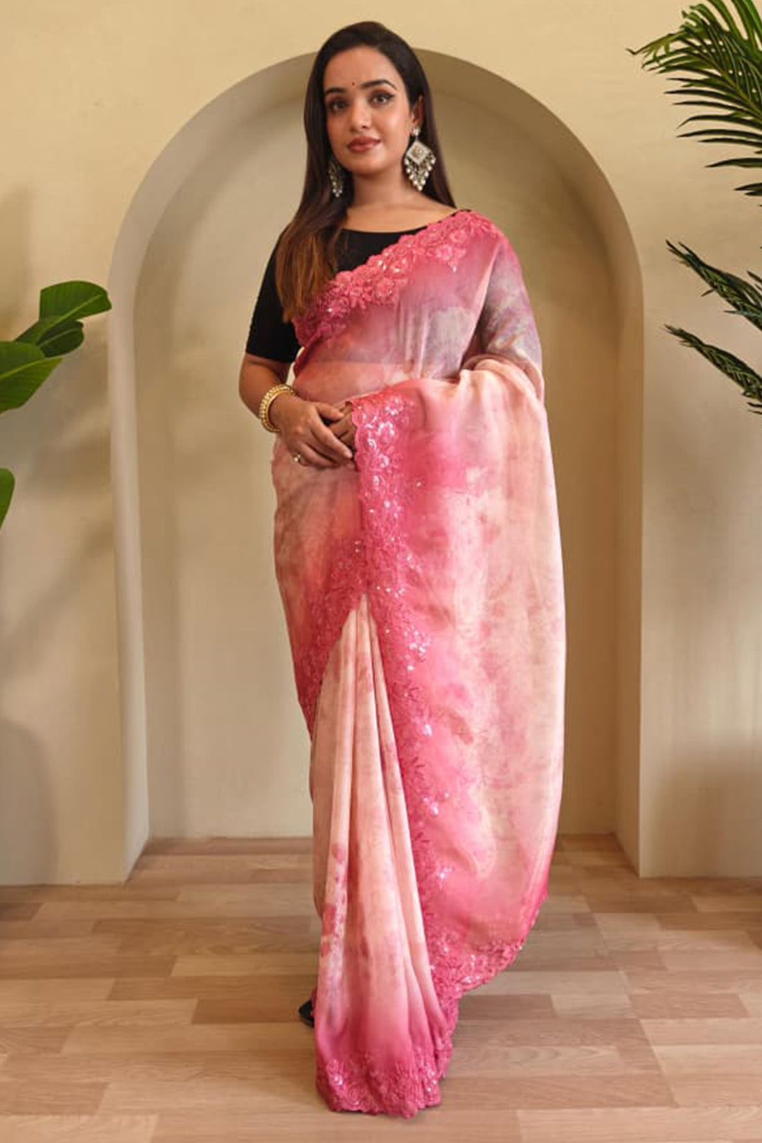 Lissome Pink Embroidery Work Organza Silk Saree With Sensational Blouse Piece