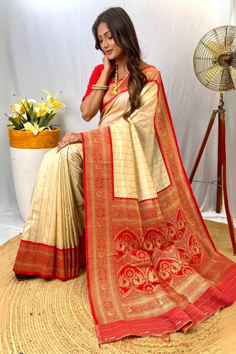 Trendy Beige Soft Banarasi Silk Saree With Classy Blouse Piece