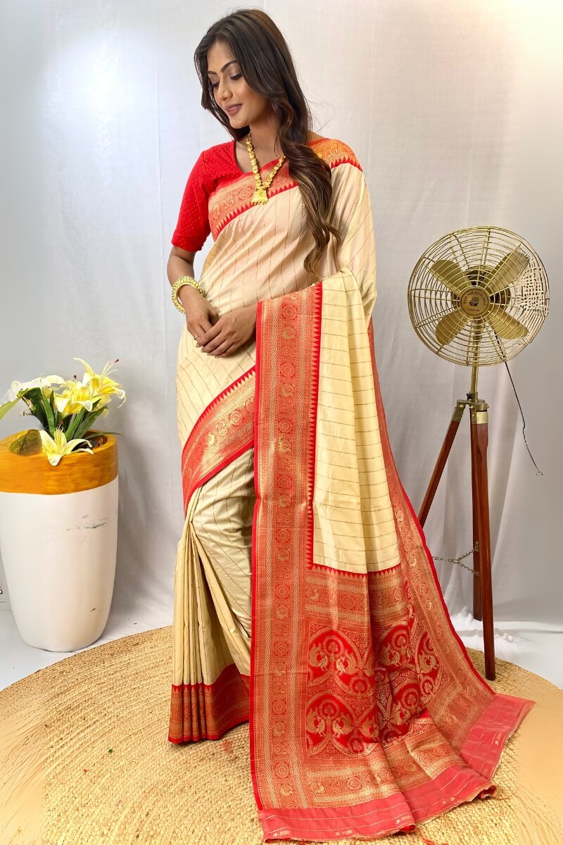 Trendy Beige Soft Banarasi Silk Saree With Classy Blouse Piece