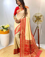 Trendy Beige Soft Banarasi Silk Saree With Classy Blouse Piece