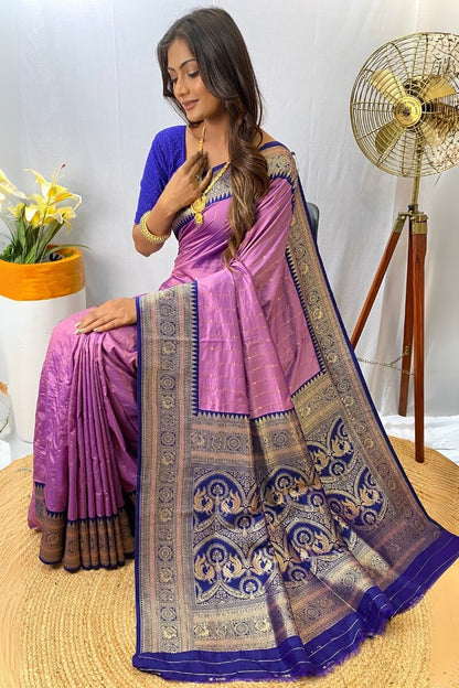 Excellent Lavender Soft Banarasi Silk Saree With Desuetude Blouse Piece