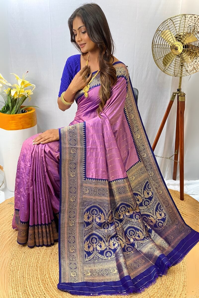 Excellent Levender Soft Banarasi Silk Saree With Desuetude Blouse Piece