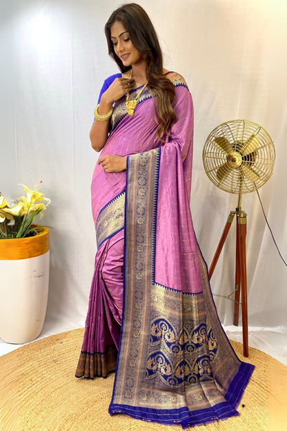 Excellent Lavender Soft Banarasi Silk Saree With Desuetude Blouse Piece