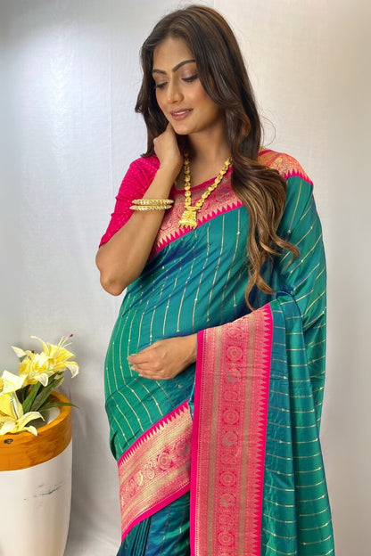 Vestigial Rama Soft Banarasi Silk Saree With Amiable Blouse Piece