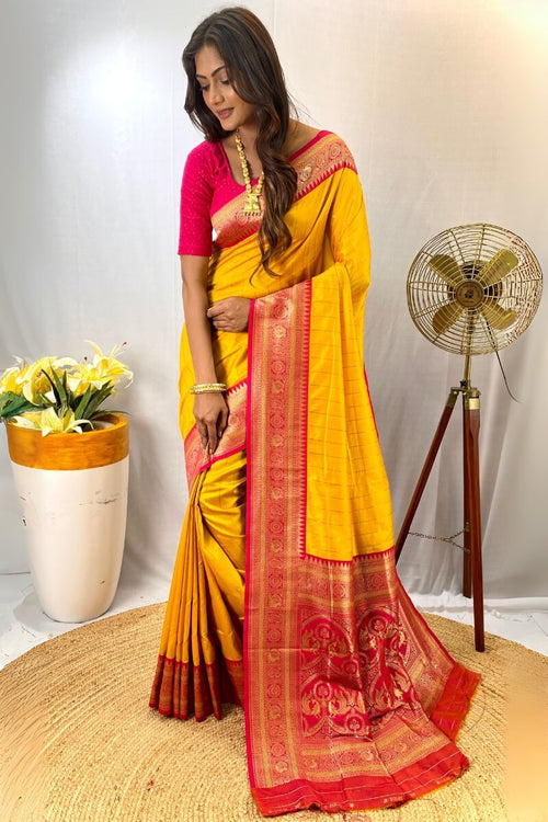 Load image into Gallery viewer, Enthralling Yellow Soft Banarasi Silk Saree With Aplomb Blouse Piece
