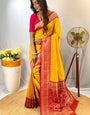 Enthralling Yellow Soft Banarasi Silk Saree With Aplomb Blouse Piece